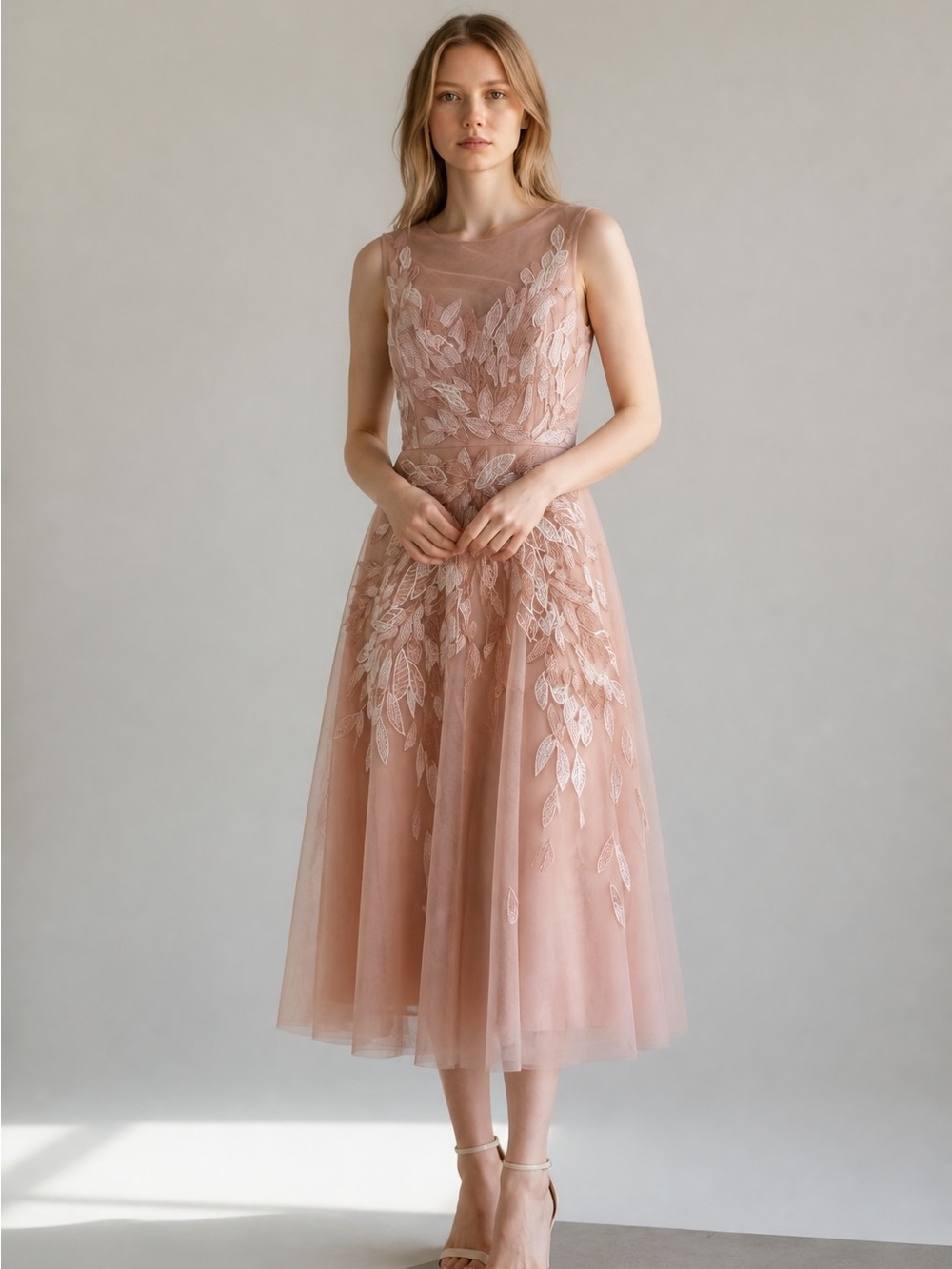 BCBGMaxAzria Blush Pink Embroidered Midi Dress